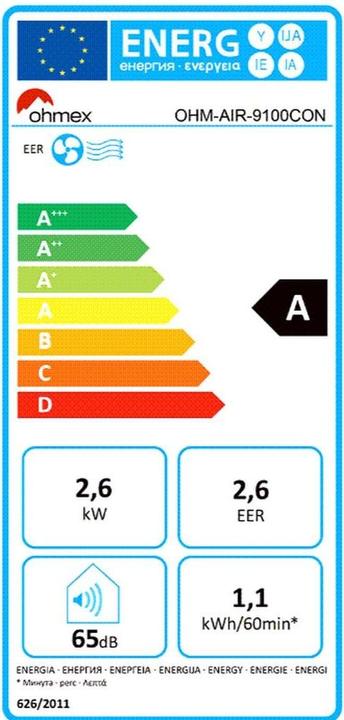 Label énergétique Ohmex Climatiseur AIR-9100 (20 m², 9000 BTU/h)