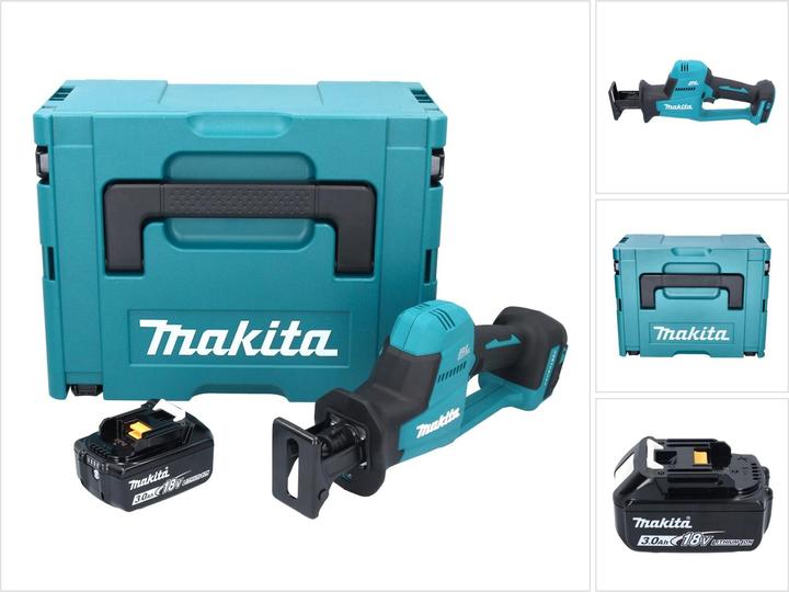 1x Makita DJR 189 cordless Recipro saw, 1x Recipro blade BIM 152, 6-11T, 1x Recipro blade HCS 203, 7-18Z, 1x Recipro blade BIM 152, 6-10Z, 1x Makita BL 1830 B 18 V 3.0 Ah battery, 1x Makita MAKPAC plastic case, 1x universal insert, without charger