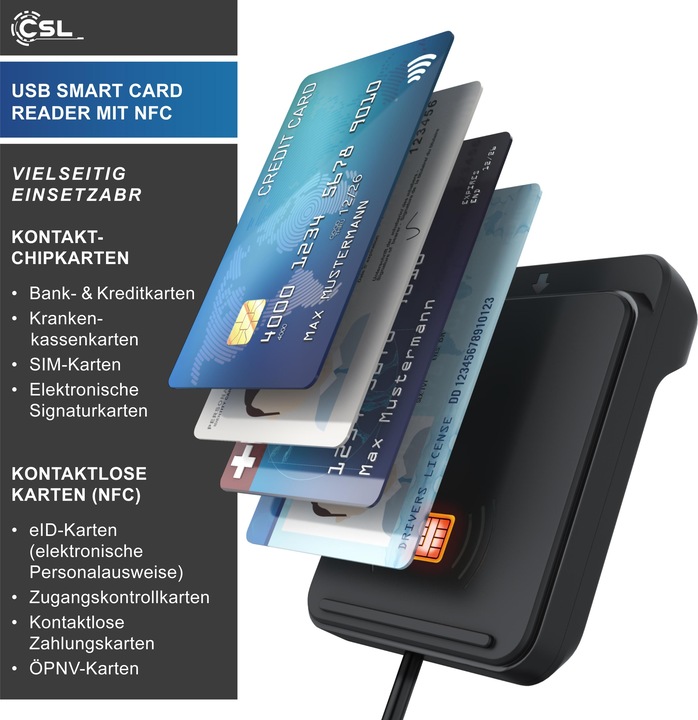 Produktbild CSL USB Chipkartenleser, NFC, ISO 7816/14443, kompatibel mit Mac OS X & Windows 11, für Personalausweis (USB)