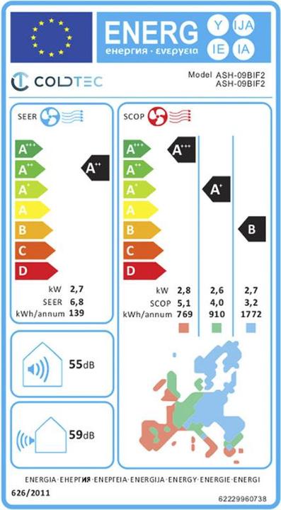 Energy Label Coldtec by Kibernetik Coldtec Klimaanlage für 1 Raum 100m³, inkl. Montage (100 m², 9212.78 BTU/h)