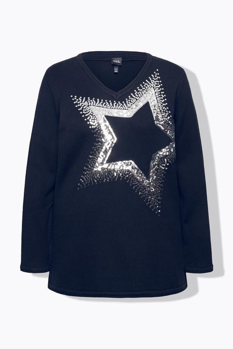 Produktbild Ulla Popken Pullover, Pailletten-Stern, V-Ausschnitt, Langarm (50, 52)