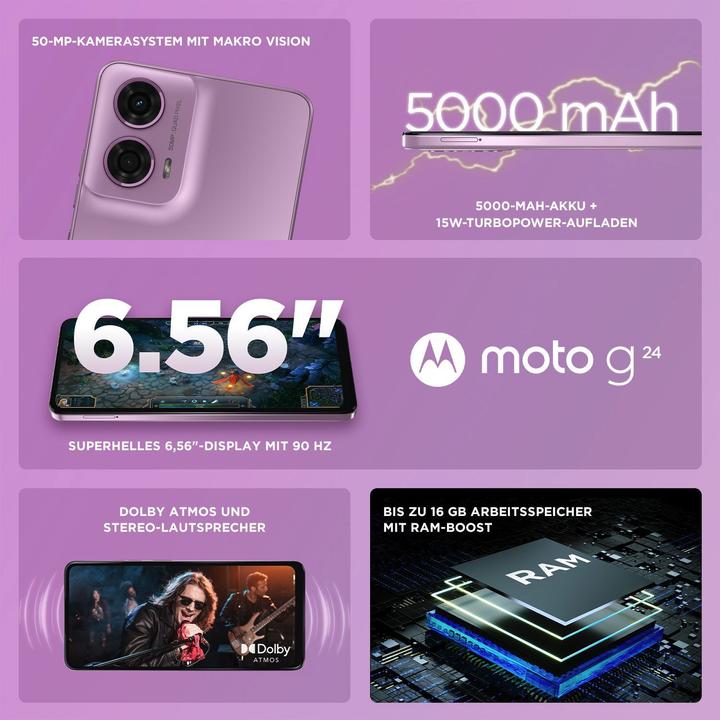Produktbild Motorola moto g24 (128 GB, Pink Lavender, 6.56", Dual SIM, 50 Mpx, 4G)