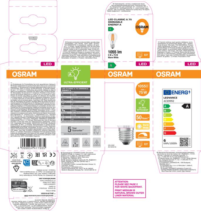 Immagine prodotto Osram LED-Lampe Classic, dimmbar, E27, 5 W, 2700 K, EEK: A, 1055 lm, IP20, warmweiss (E27, 5 W, 1055 lm, 6 x, A)