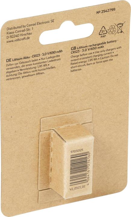 Actual product image Voltcraft Special rechargeable battery CR 123 Lithium 3 V 650 mAh (1 pcs., RCR123A, 650 mAh)