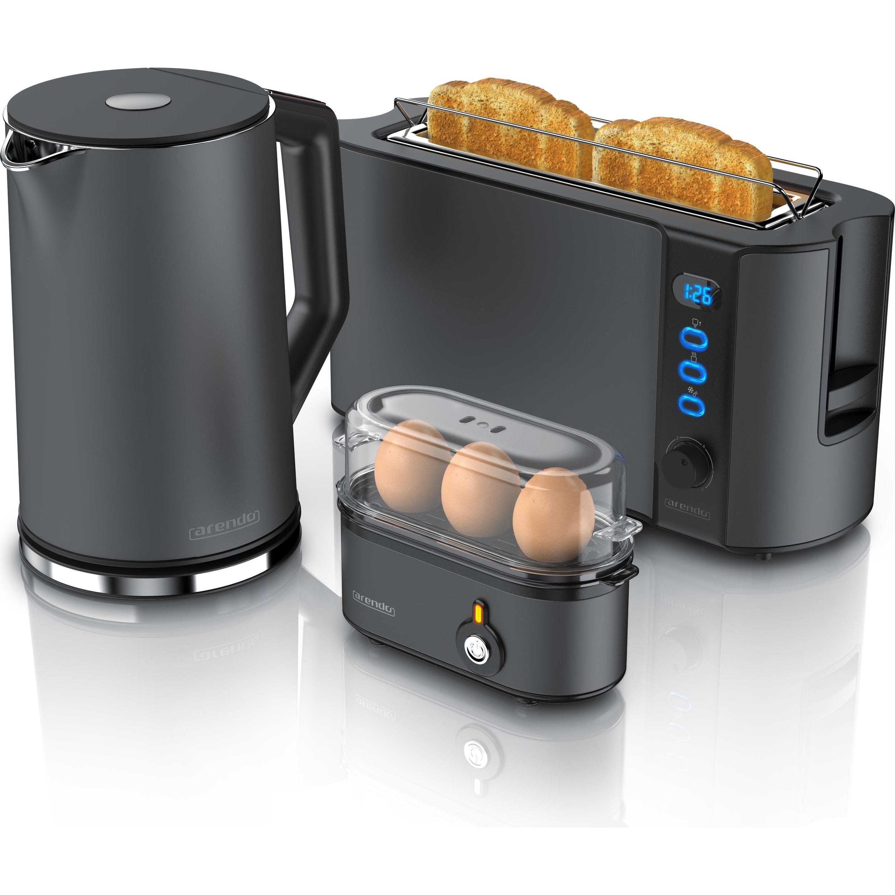 Arendo Frühstücks Set, Wasserkocher 1,5l Temperaturwahl, 2-Scheiben Toaster & Eierkocher für 3 Eier, Grau, Eierkocher, G...