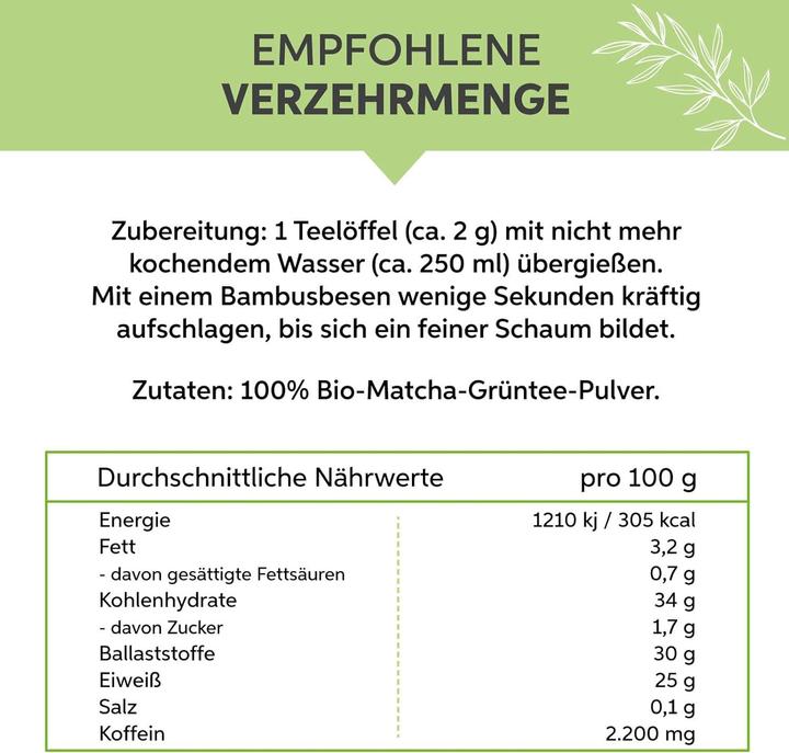 Nährwerte und Zutaten Eltabia Matcha Pulver (1 Stück, Pulver, 100 g)