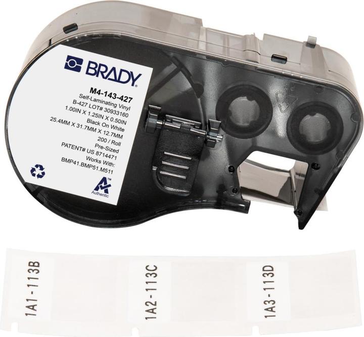 Brady M4-143-427, vinile autolaminante, bianco/trasparente, 25,40 x 12,70(31,75) mm, permanente