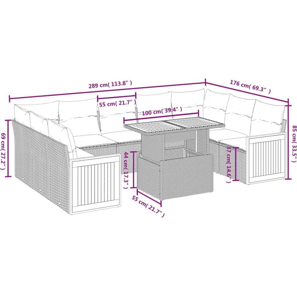 Thumbnail - VidaXL, Gartenlounge, 10-tlg. Garten-Sofagarnitur mit Kissen Grau Poly Rattan Akazie
