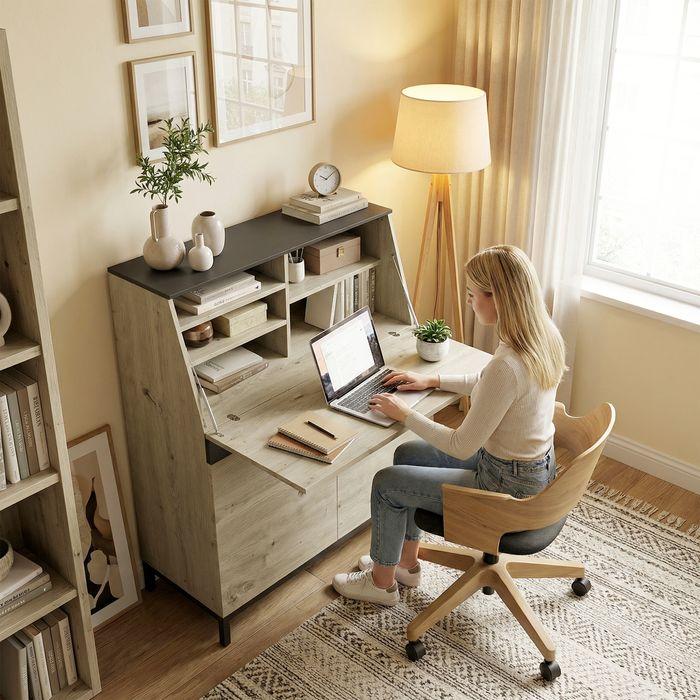 Actual product image Swisshandel24 Industrieller Sekretär-Schreibtisch, Regalen, Metallrahmen, 100cm, Naturholz, Schwarz (100 x 40 x 80 cm)