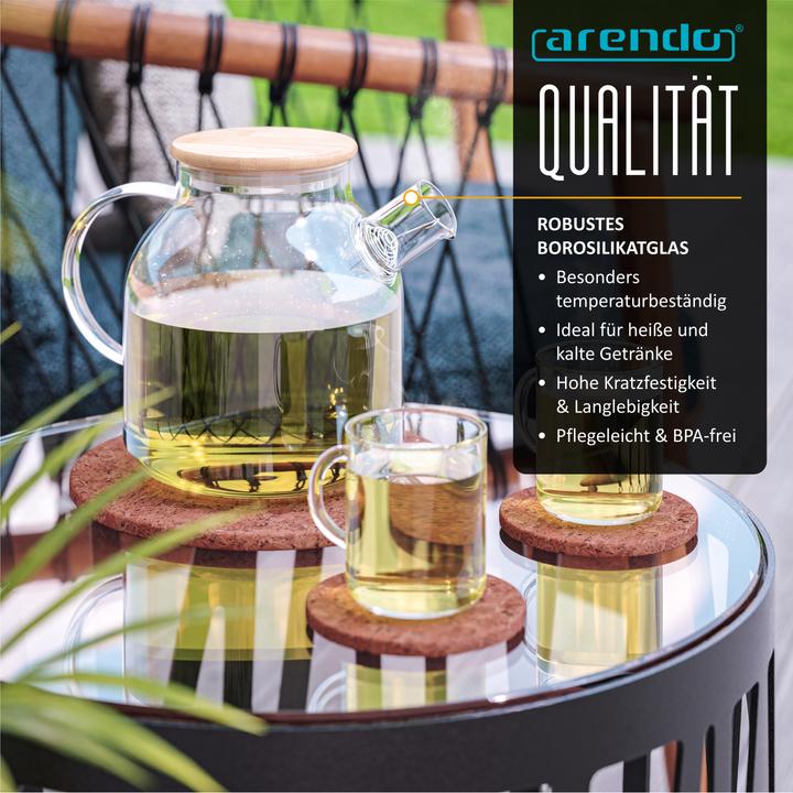 Produktbild Arendo Teekanne 1,4l,Teebereiter aus Borosilikatglas, Sieb & Bambus Deckel für losen Tee, hitzebeständig (1.40 l)