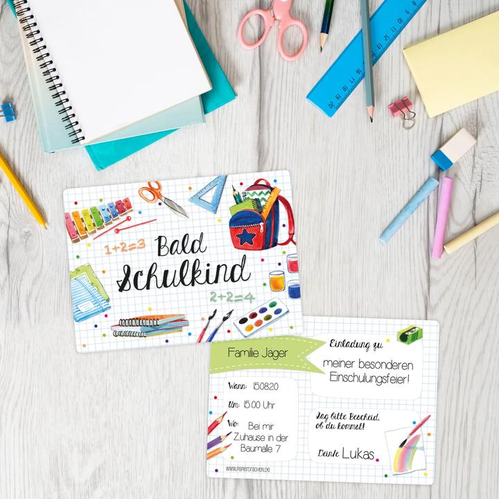 Produktbild Papierdrachen Einschulung Einladungskarten Set 6 Wasserfarben (13 Stk.)