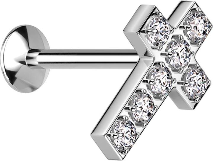 Actual product image Star Piercing Micro Threadless UFO Labret silber Kreuz silber Kristalle silber (without brass, Surgical steel 316L)