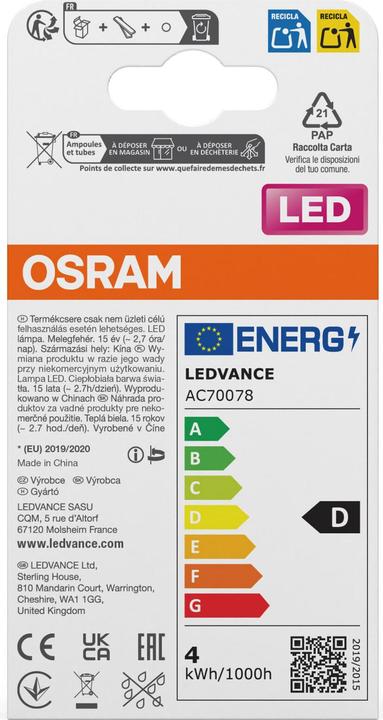 Etichetta energetica Osram LED Leuchtmittel LED Retrofit CLASSIC B 3.4W 827 Frosted E14 Warm weiss 4099854469053 (E14, 470 lm, 2x)