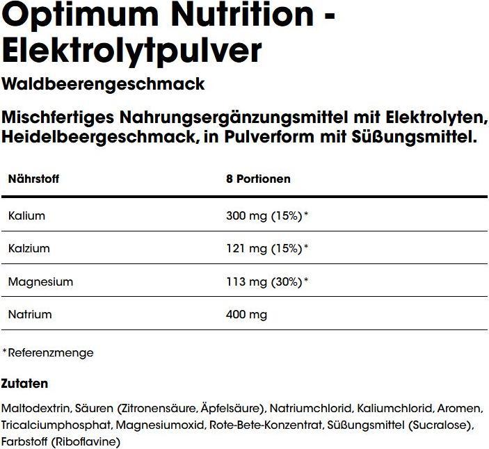 Nährwerte und Zutaten Optimum Nutrition Electrolyte Powder (1 Stk., 264 g)