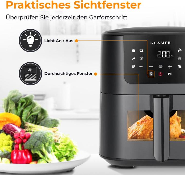 Actual product image KLAMER Heissluftfritteuse 5l XL, Heissluftfritteuse mit Sichtfenster & Schüttel-Erinnerung, Ölfr…