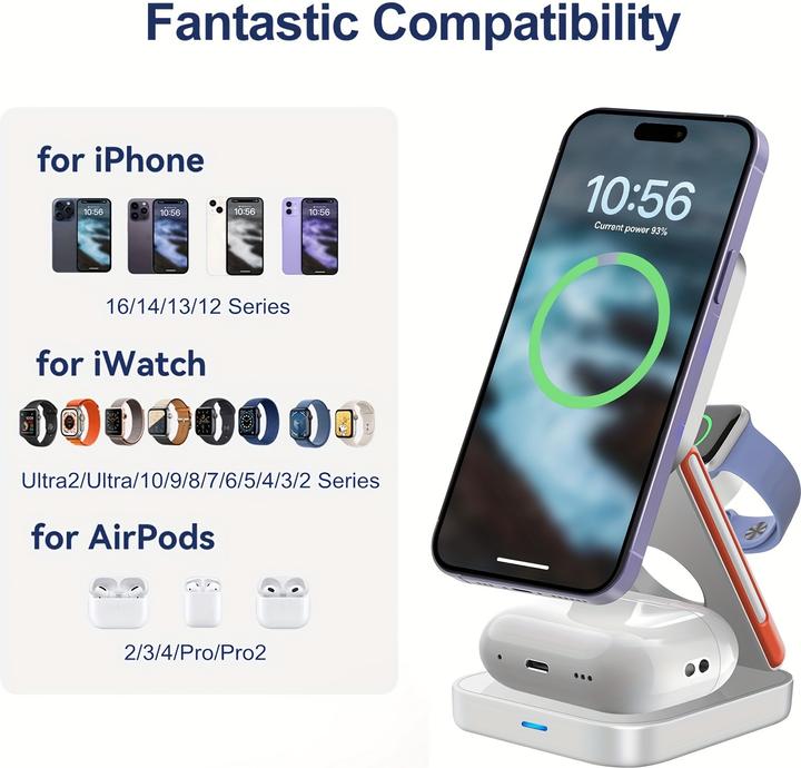 Immagine prodotto PhoneLook 3-in-1 15W Magnetischer Kabelloser Ladegerät mit Faltbarem Ständer für iPhone / Apple Watch / AirPod (15 W)