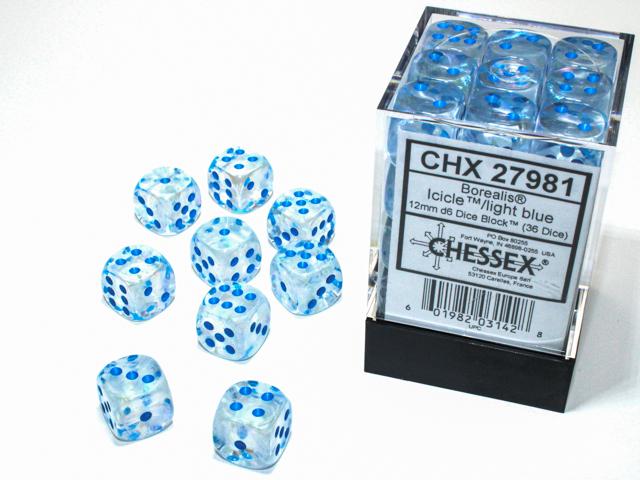 Chessex Borealis® 12mm d6 Icicle/light blue Luminary Dice Block (36 dice)