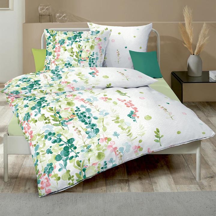 Image du produit Traumschlaf Parure de lit en seersucker Inaya vert (Set de linge de lit, 160x210 cm + 65x100 cm)