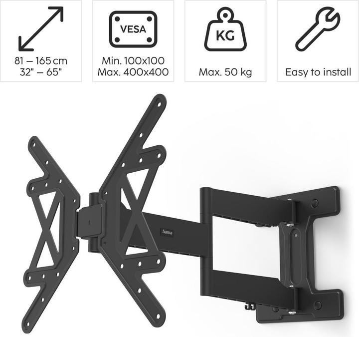 Hama FULLMOTION TV wall mount, 400x400, 165 cm (65"), extra long arm, slim (Wall, 65", 50 kg)