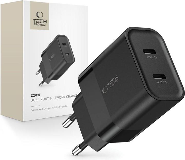 Immagine prodotto Tech-Protect Caricatore di rete C20W 2x USB-C PD 20W - nero (20 W, 2 porte)