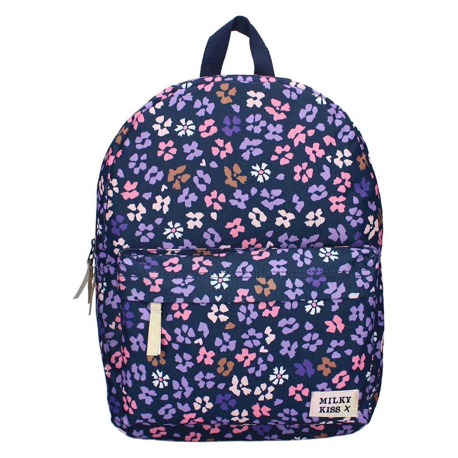 Milky Kiss, Kleutertas, Backpack Prestige Dunkelblaue Blumen, Blauw