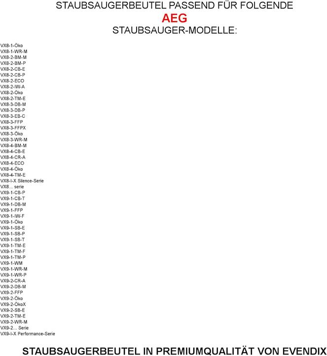 Valori nutrizionali e ingredienti eVendix Staubsaugerbeutel kompatibel mit AEG (30 Stück) (30 x)