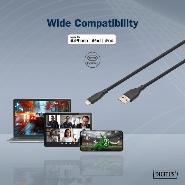 Produktbild Digitus Lightning Silikon Anschlusskabel, USB-A - Lightning 0,5m, schwarz (0.50 m, USB 2.0, 12 W)