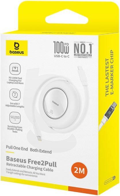 Produktbild Baseus Free2Pull Mini 100W Einziehbares USB-C-Kabel – USB-C 2 m – Weiss (2 m, 100 W)