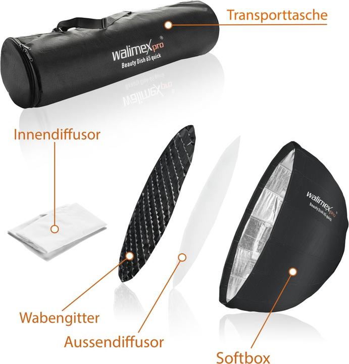 Image du produit Walimex pro pro Studio Line Beauty Dish QA65 + adaptateur pour boîte à lumière Broncolor (Beauty Dish, 65 cm)