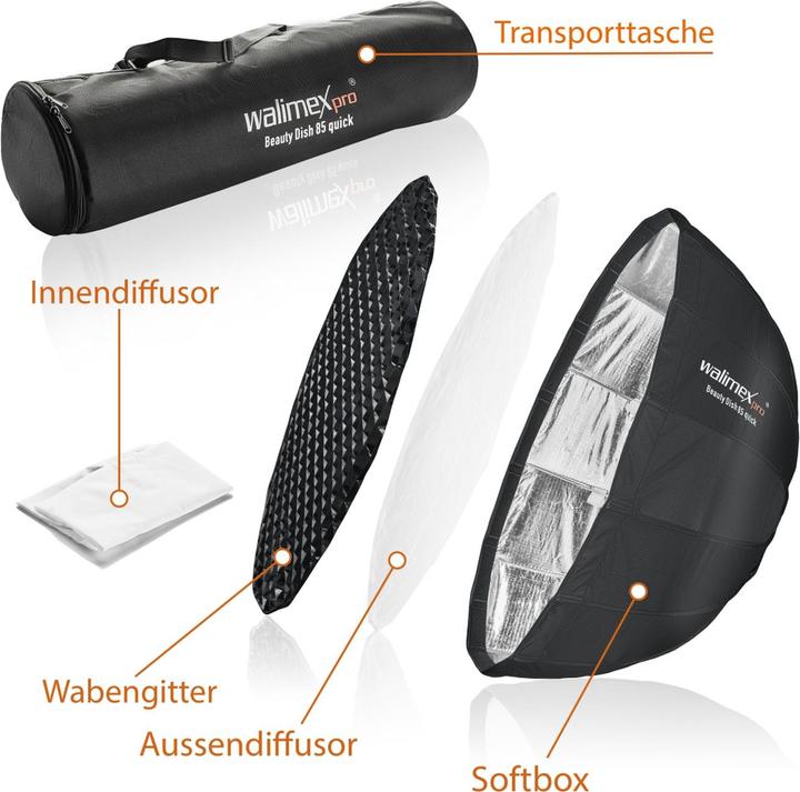 Image du produit Walimex pro pro Studio Line Beauty Dish QA85 + adaptateur pour boîte à lumière Hensel EH/Richter (Beauty Dish, 85 cm)