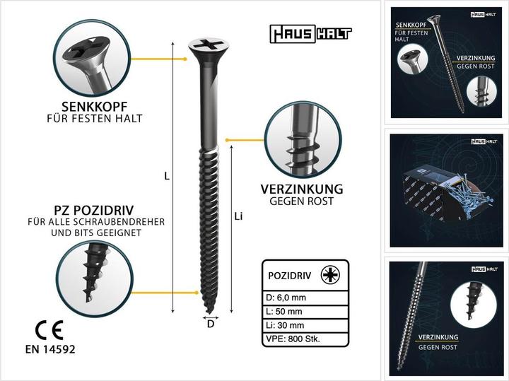 Actual product image Haushalt Universal wood construction screw wood screw 6,0 x 50 mm PZ3 800 pcs ( 4x 000051371227 ) silver (800 Screws per piece)