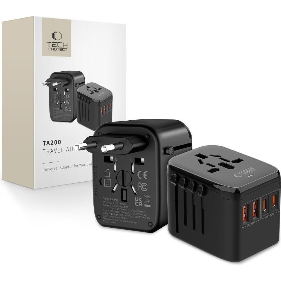 Tech-Protect, Adattatore da viaggio, TA200 EU / UK / US / AU-Adapter - schwarz