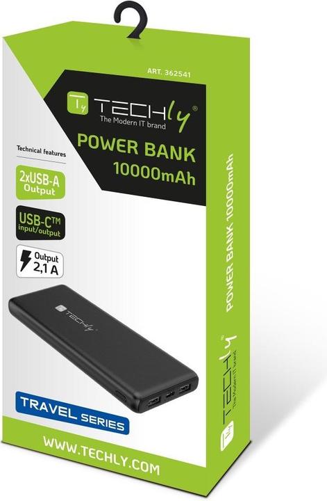 Productafbeelding Techly Power Bank Oplader 10000mAh 2x USB 1x USB-C met USB-C Kabel (10000 mAh, 10 W, 37 Wh)