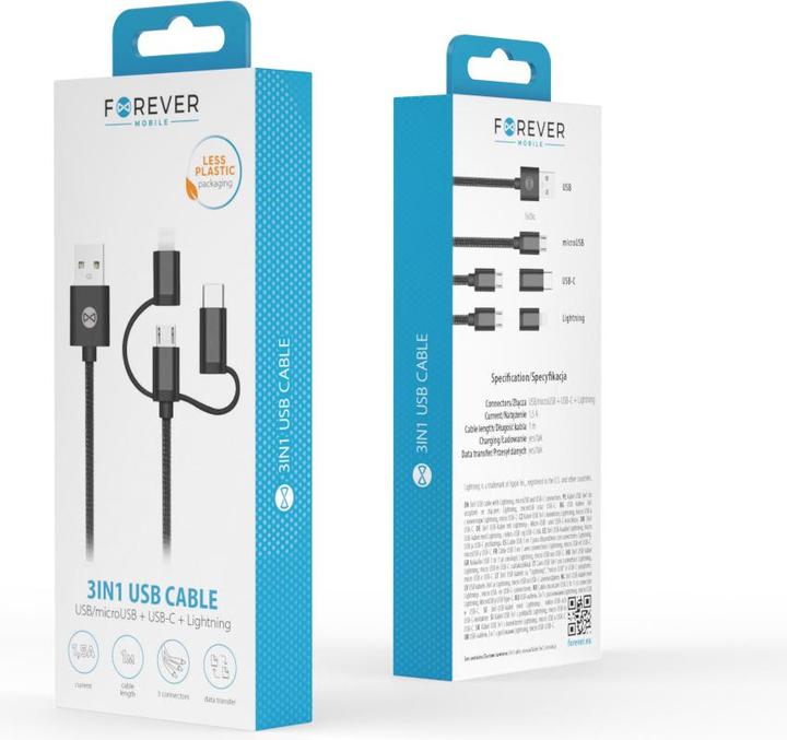Image du produit Forever Câble 3en1 USB - Lightning + USB-C + microUSB 1,0 m 1,5A noir (1 m, USB 3.0)