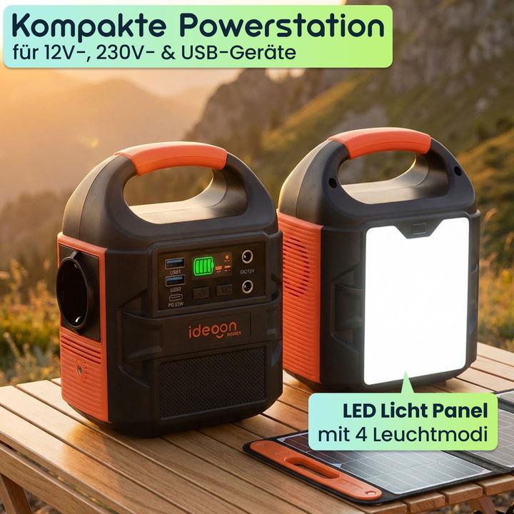 Actual product image Ideoon Mobiles Powerstation Set 88,8Wh mit 20W Solarmodul, 230V Steckdose, 100W, USB-C PD 65W (88.80 Wh, 1.10 kg)