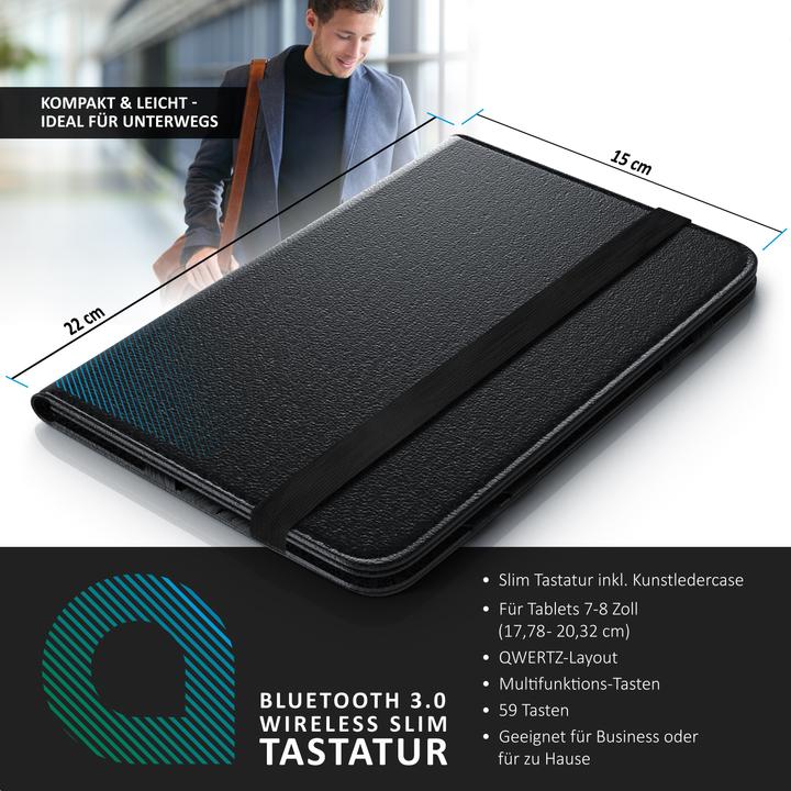Produktbild Aplic Tablet Tastatur, Bluetooth, Kunstledercase für 7-8" Tablets, flaches & kompaktes Format (DE, 7 - 8" Tablets)