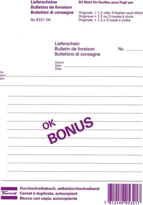 Actual product image Favorit Carbonless copybook OK Bonus delivery bills (84x)