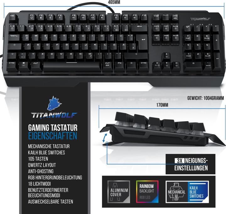 Immagine prodotto Titanwolf Tastiera, mouse e tappetino Spar Set, tastiera meccanica, mouse e tappetino da gioco (DE, Cablato)