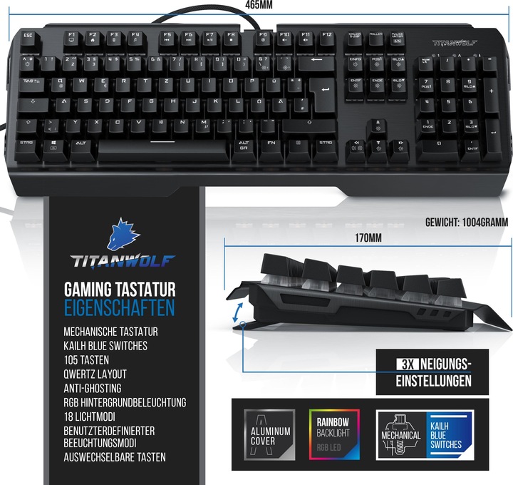 Actual product image Titanwolf Mechanical Keyboard, Mouse & Mouse Pad Gaming Bundle (DE, Cable)