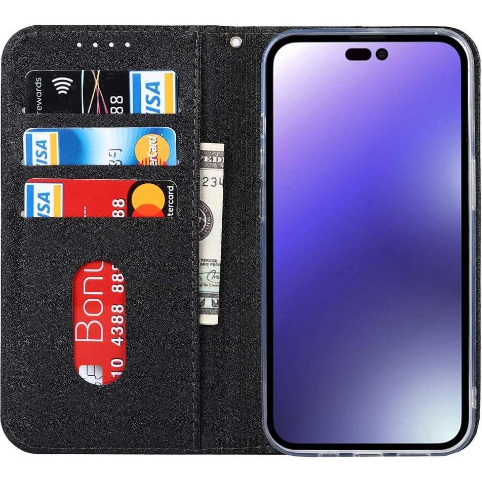 Thumbnail - Cover-Discount iPhone 14 Pro - Silk Texture Flip Case schwarz (Apple iPhone 14 Pro), Smartphone Hülle, Schwarz