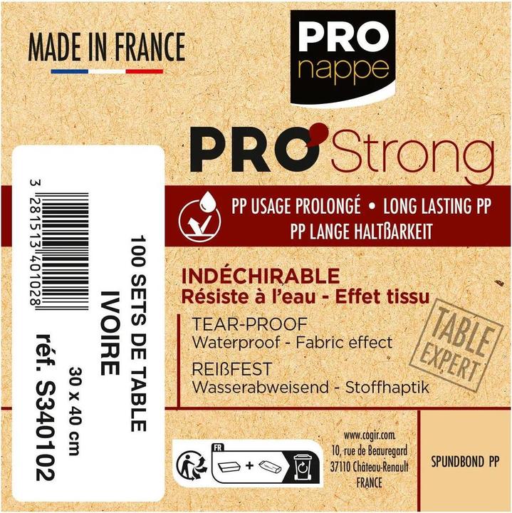 Valeurs nutritives et ingrédients PROnappe Set de table jetable Spunbond, 400 x 300 mm, ivoire (100 pcs, 30 x 40 cm)