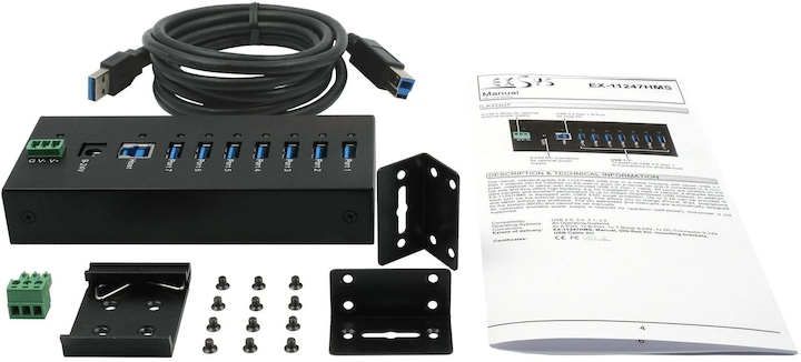 Produktbild Exsys 7 Port USB 3.2 Gen 1 HUB Metall-Gehäuse, inkl. USB 3.0 Kabel, Din-Rail und Wandm (USB-B, 7 Ports)