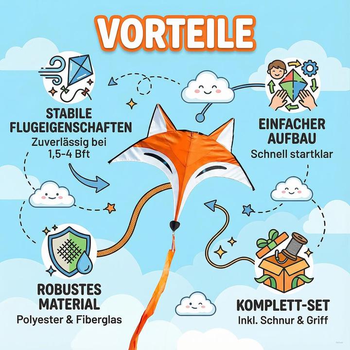 Actual product image Invento Kite Ecoline Fox Kite 96x76 cm, from 5 years, incl. handle with 25 m cord