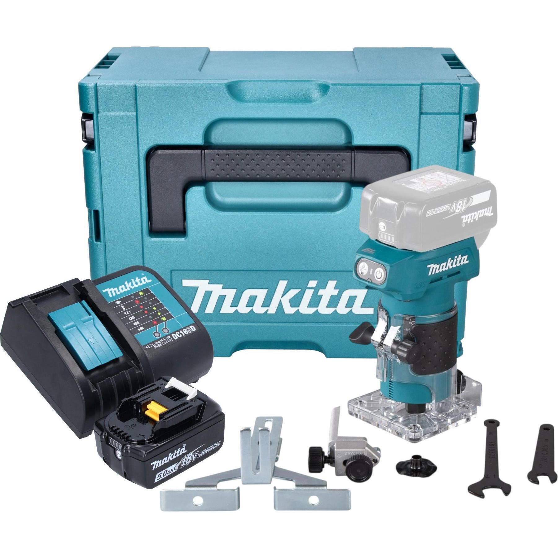 Makita, Fräse, DRT 52 ST1J Akku Kantenfräse 18 V 6 mm Brushless + 1x Akku 5,0 Ah + Ladegerät + Makpac