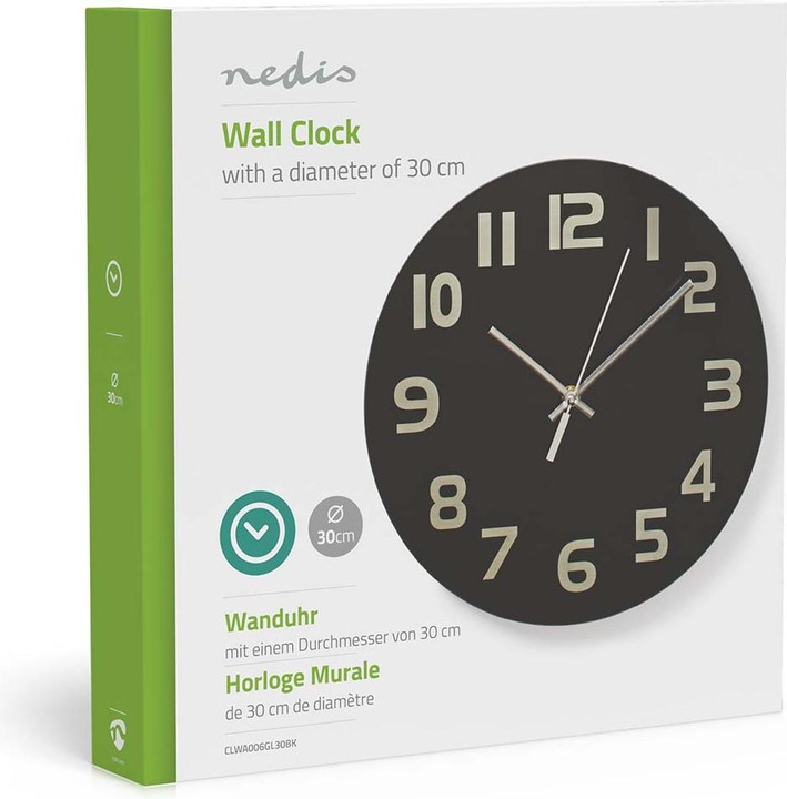 Immagine prodotto Nedis CLWA006GL30BK Orologio da parete circolare, diametro 30 cm, numeri di facile lettura, nero (30 cm)