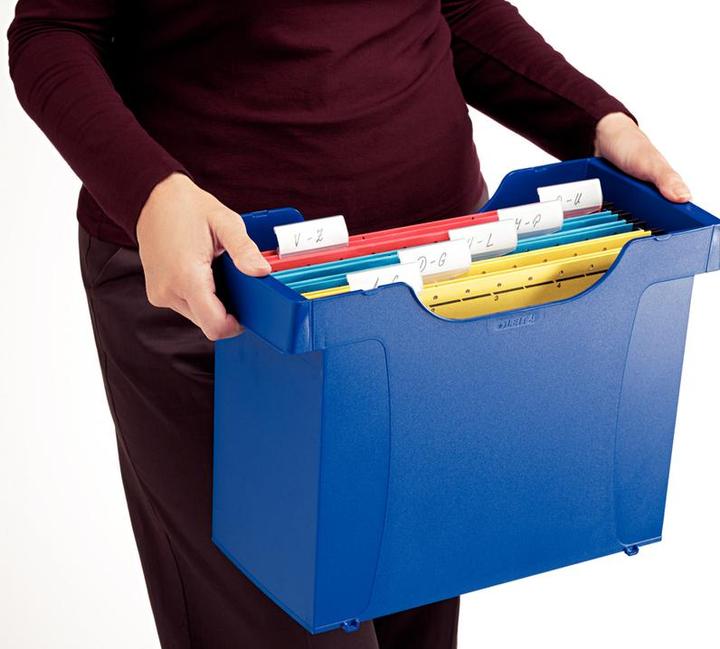 Actual product image Leitz Mini file suspension file box Plus, blue polystyrene, stackable, low front, with carrying (A4)