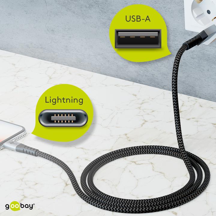 Actual product image Goobay Lightning to USB-A textile cable with metal plugs (space gray/silver) 2 m, 2 m, black-gray (2 m, USB 2.0)