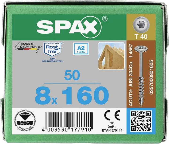 Productafbeelding Spax A2 Tellerkopf T-Star Plus T40 Teilgewinde 4cut (50 Schroeven per stuk, 8 x 160 mm)