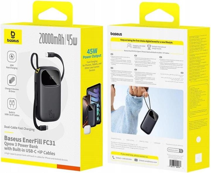 Actual product image Baseus EnerFill FC31 20000mAh 45W Powerbank mit Display, USB-C- und Lightning Kabeln – Schwarz (20000 mAh, 45 W)