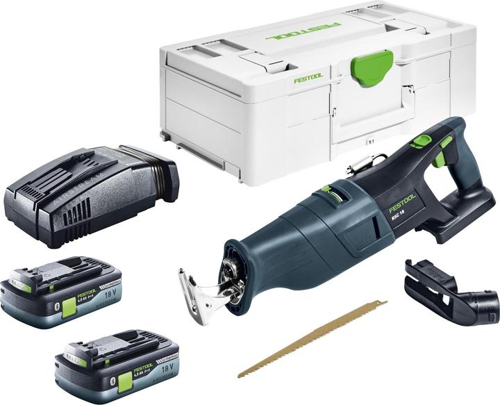 1x Festool RSC 18 EB cordless reciprocating saw, 1x RSC-AV dust extractor, 1x WOOD UNIVERSAL HSR 230 reciprocating saw blade, 4.3 BI, 1x Systainer SYS3 L 188, 2x Festool BP 18 Li 4.0 HPC-ASI battery 18 V 4.0 Ah (205034), 1x Festool SCA 16 quick charger 10.8 V - 18 V 16 A (576953)